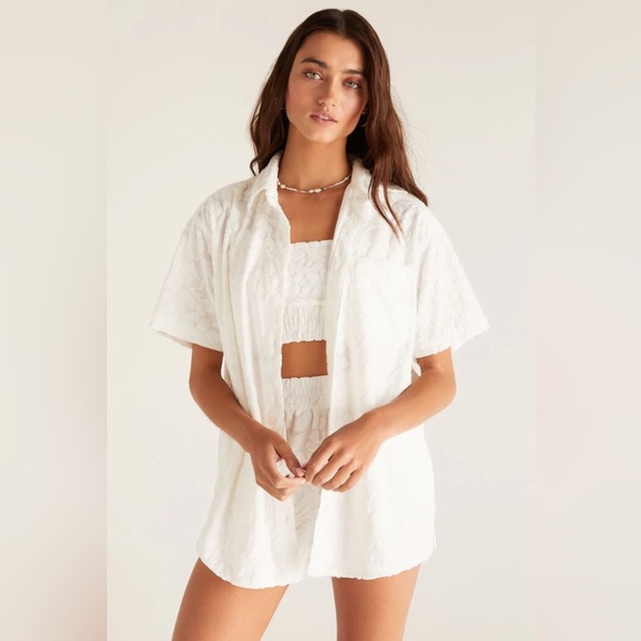 Z Supply Resort Wear See Ya white button down terry short sleeve top size medium - Picture 1 of 6